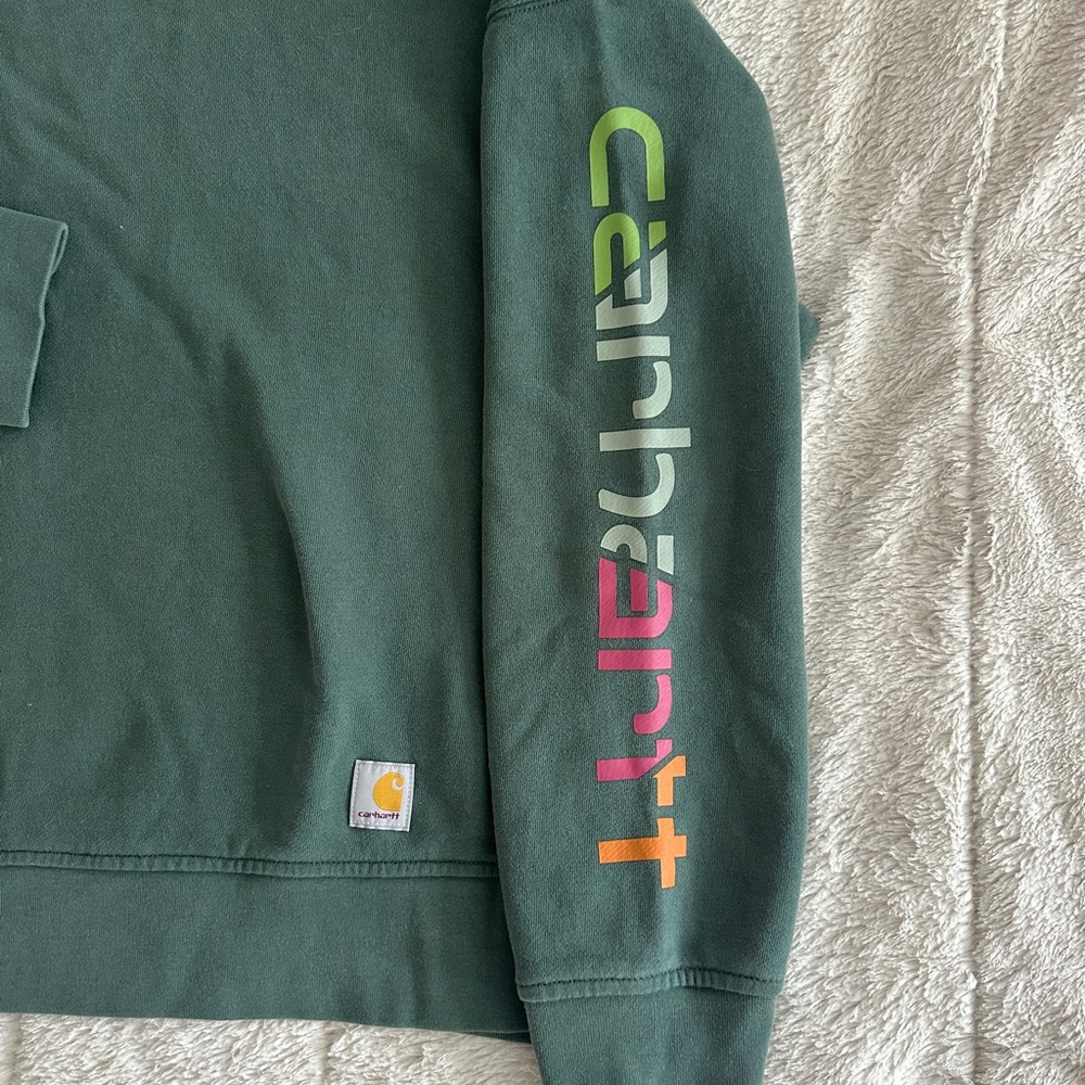 Carhartt Woman’s Green Multicolor Logo Cropped Crewneck size XL - Picture 3 of 4